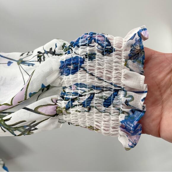 NWOT Halogen Floral Ruffle Smocked Tie Front Long Sleeve Cottagecore Blouse L - Picture 4 of 13